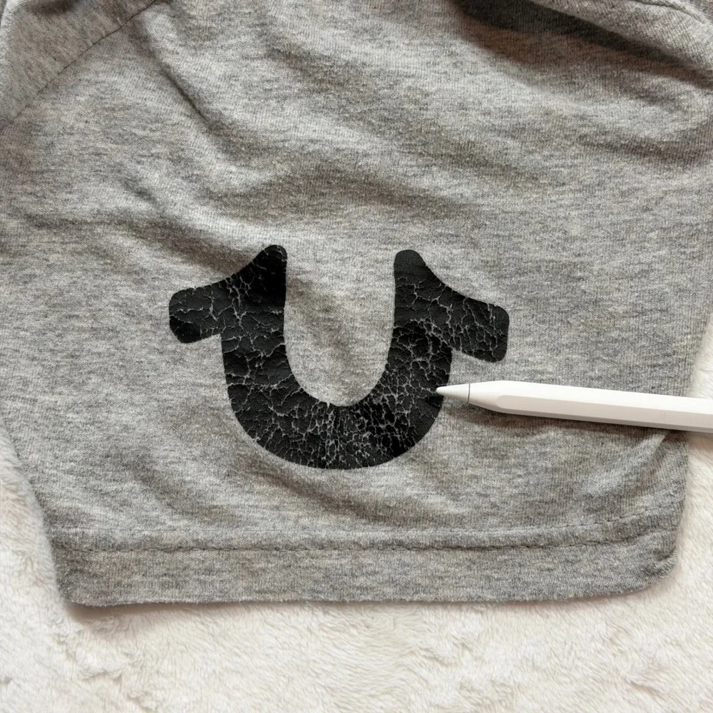 True Religion T-Shirt Mens Medium Gray Good‎ Horseshoe Sleeve Logo Crewneck Tee